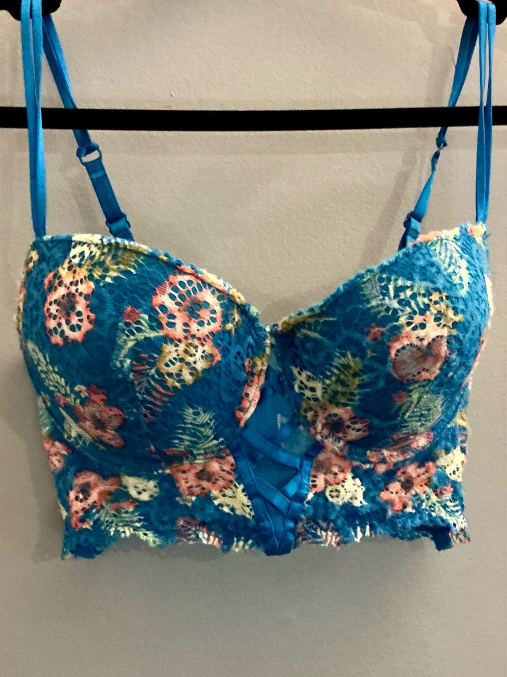 Kiss & Tell Intimates Longline Lace Bustier Bra 34D Blue Floral Padded